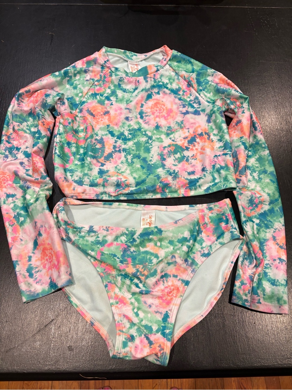 Cat & Jack Girls Tie-Dye Long Sleeve Rashguard Bikini Set - Pink & Green